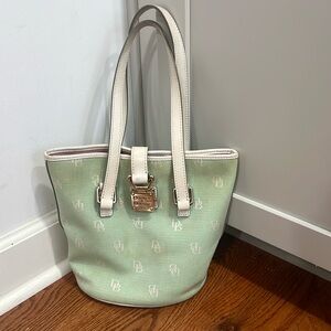 Dooney & Bourke Light Green White Signature Print Double Handle Bucket Handbag